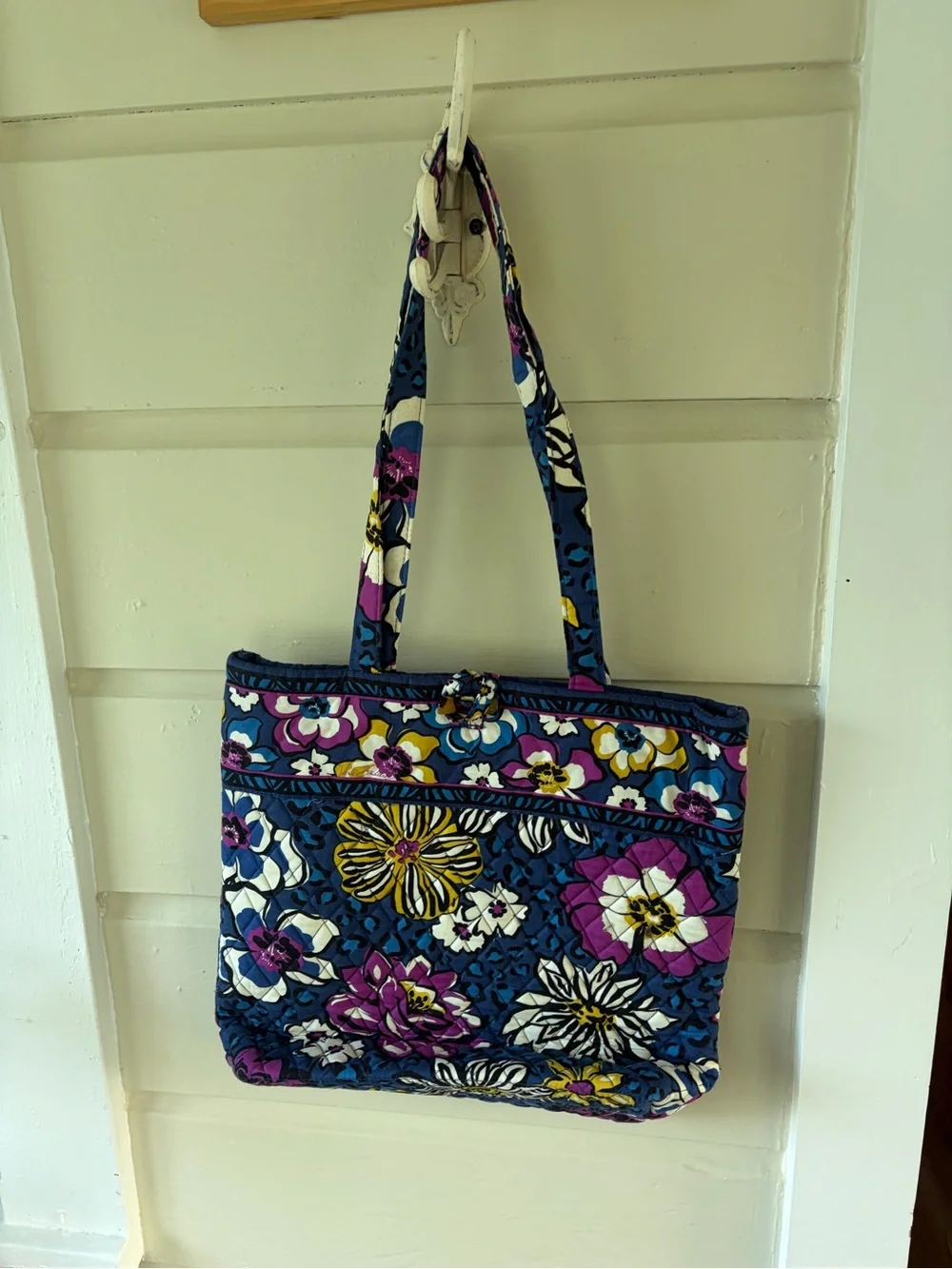 Quilted Floral Tote Bag in Navy, Purple & White